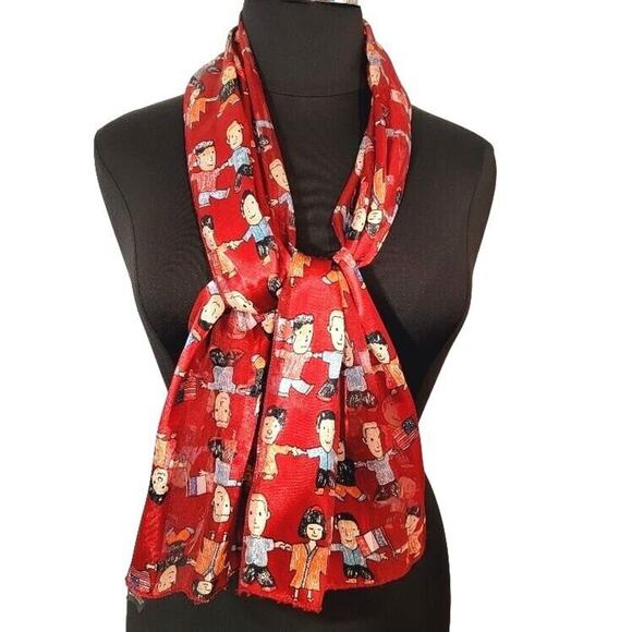 Whimsical Multi-Cultural Scarf Children Kids, Red & Colorful - 60" Long - Picture 1 of 9